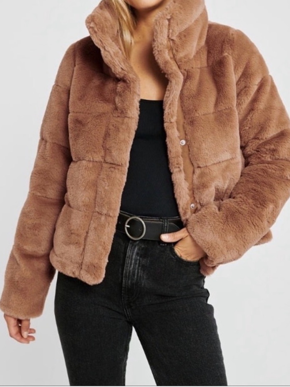 Abercrombie & Fitch Taupe Faux-Fur Cropped Jacket